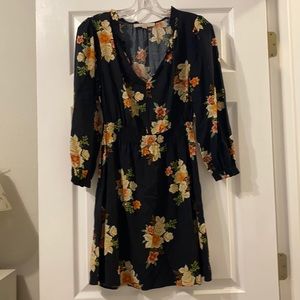 Black and Gold Floral Stretch-waist Dress
